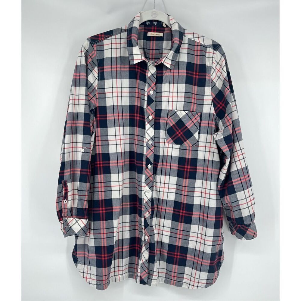 Barbour Sandback Tunic Shirt Blue Red Plaid Button Up w Pockets US Size 14 UK 18